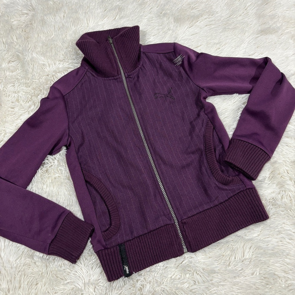 Puma woman’s purple pinstripe zip up high neck track style jacket size XS